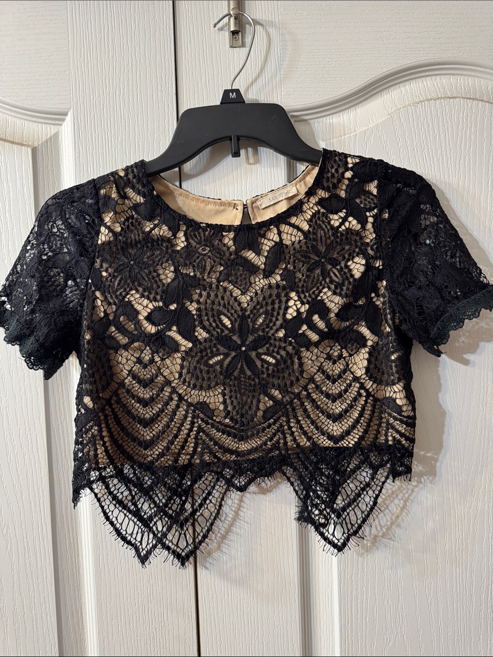 San Joy Black Lace Crop Top with Nude Lining